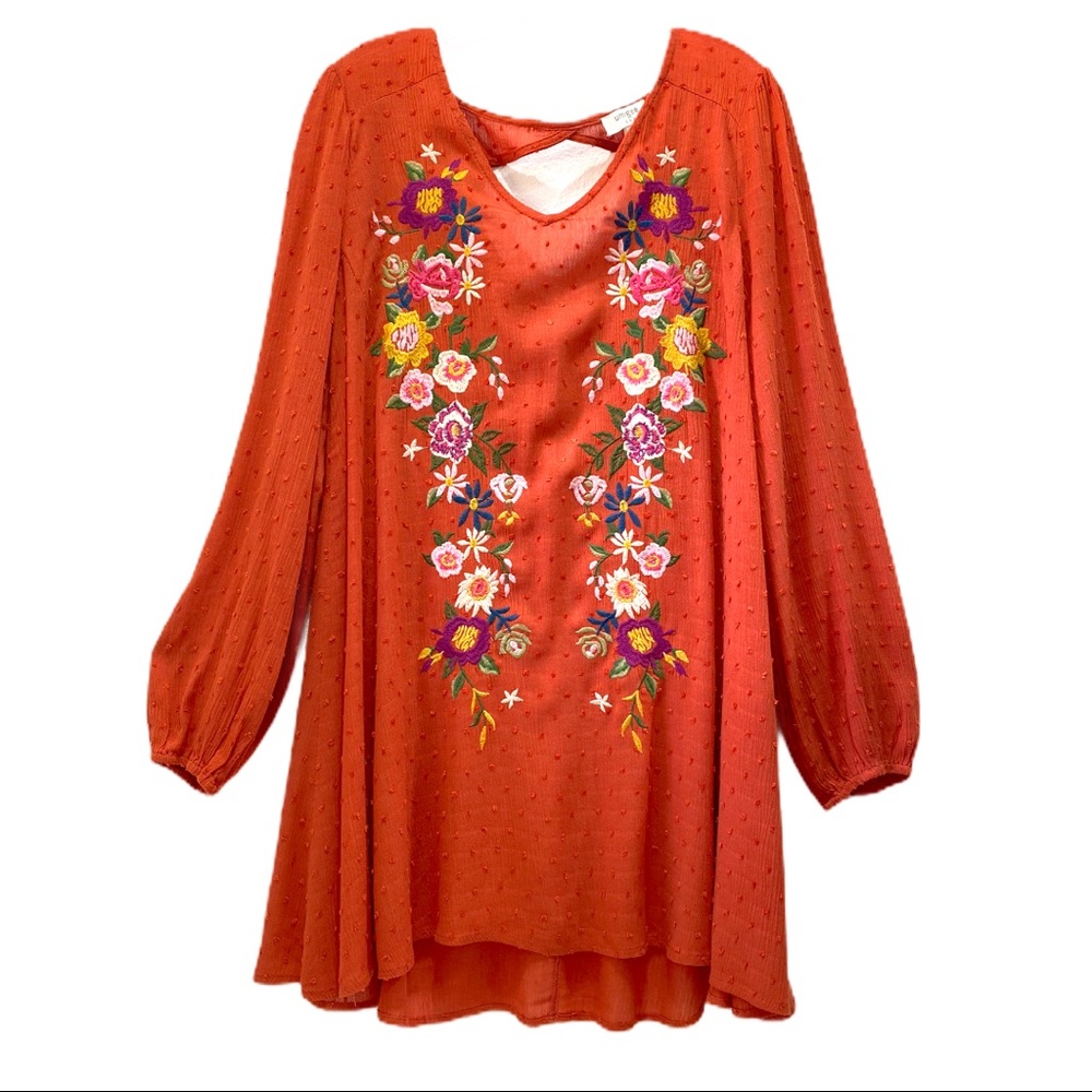 UMGEE Embroidered Orange Floral Peasant Dress M